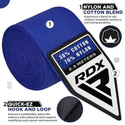 RDX Boxing Wraps Kids 2.5M Inner Gloves, Elasticated Thumb Loop Bandages, Junior Under Mitts Hand Fist Protector Wrist Support Straps, Muay Thai MMA Kickboxing Martial Arts Speed Bag Punching Training - color: BLUE