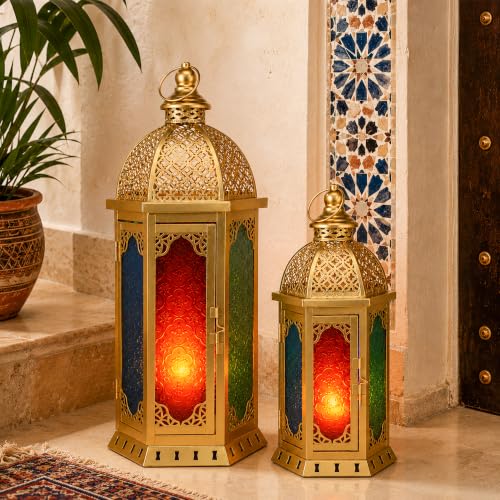 JHY DESIGN Set of 2 Ramadan Candle Lanterns 19.5"&15" H Decorative Vintage Metal Candle Holders for Garden Porch Indoor Outdoor Parties Weddings Patio Home Decor(Gold with Stained Glass) - color: 19.5"&15"h Gold With Stained Glass