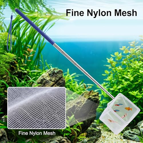 Aquarium Fish Net, 3.3 Inch Small Fish Nets with 8.7" to 39" Long Extendable Stainless Steel Handle & Small Soft Square Fine Mesh Fishs Net for Fishs Tank for Tank & Pond Food Residue Debris Skimming