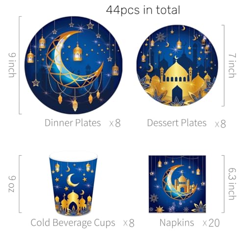 KYMY 44 pcs Ramadan Mubarak Dinnerware Set,Ramadan Muslim Paper Tableware, Islamic Party Supplies with Disposable Mubarak Plates, Napkins, Cups for Eid Mubarak, Haji Holiday Decorations