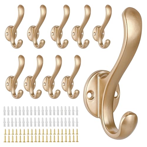 10 Pack Coat Hooks Wall Mount Heavy Duty Utility Retro Double Hooks for Hanging Coats,Hat, Towel, Key, Robe, Scarf, Bag, Cap (Gold) - color: 10 Pack-Gold