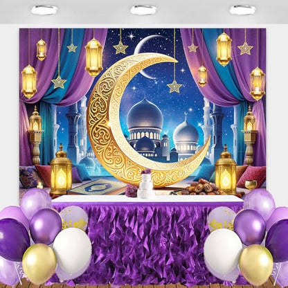 Eid Mubarak Banner Backdrop 8x6FT Purple Islamic Muslim Lantern Moon Star Castle Ramadan Photography Background Eid Mubarak Party Decorations Eid Al Fitr Party Supplies - size: 8x6FT：96'x72'