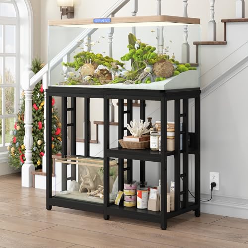 Heavy Duty 40-50 Gallon Aquarium Stand with Power Outlets, 3-Tier Adjustable Metal Fish Tank Stand with Storage Shelf for 5-10 Gallon Tanks, Reptile Terrariums & Supplies Organizer, 720LBS Capacity (Black + Black) - color: Black + Black