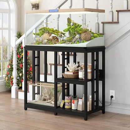 Heavy Duty 40-50 Gallon Aquarium Stand with Power Outlets, 3-Tier Adjustable Metal Fish Tank Stand with Storage Shelf for 5-10 Gallon Tanks, Reptile Terrariums & Supplies Organizer, 720LBS Capacity (Black + Black) - color: Black + Black