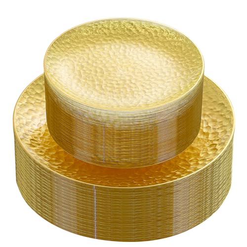Rubtlamp 60Pcs Yellow Gold Plastic Plates, Yellow Disposable Plates With Gold Rim, Clear Heavy-duty Party Supplies, Hammered Plastic Plates Include 30 Dessert Platos, 30 Dinner Platos for Party - color: Clear Yellow Gold