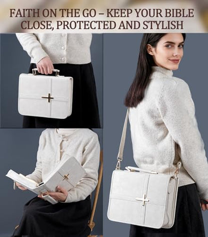 Vegan Leather Bible Cover Case, Bible Bag with Phone Pocket, Bible Case for Women, Christian Gift Box Packaging (White – with Strap) - color: White – With Strap