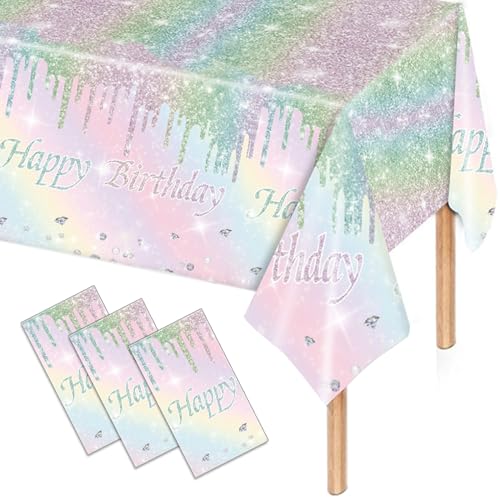Kesfey Rainbow Birthday Tablecloths Pastel Silver Glitter Table Cover | 54×108 Inch,Silver Sprinkle Rainbow Tie Dye,Disposable, Waterproof, Rectangle Table Cover, Party Supplies Decoration - color: Rainbow Birthday