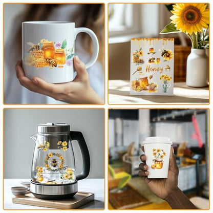 10 Sheets UV DTF Cup Wraps, 10 Styles Sweet Honey Decals Cartoon Bee Theme Rub on Decals Waterproof Transfer Stickers for Glass Cups Wood Crafts - style: Sweet Honey
