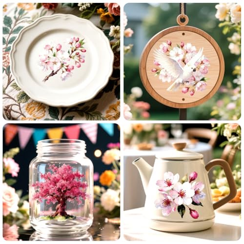 Peacoblue 18 Sheets Rub on Transfers for Crafts, Cherry Blossom 3.6"x3.9" UV DTF Cup Wraps Waterproof Rub on Cold Transfers Stickers for Wood Glass Metal Cup Tumblers Mirrors Mugs Home Decor - style: Cherry Blossom