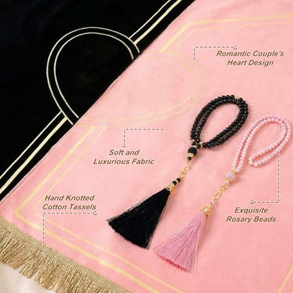Drydiet 2 Pcs Muslim Couple Prayer Rug Set Heart Design with 2 Pcs Prayer Beads Islamic Muslim Gift Black and Pink Travel Mat Soft Velvet Mat for Couple Women Men Ramadan Eid Wedding Birthday - color: Black and Pink