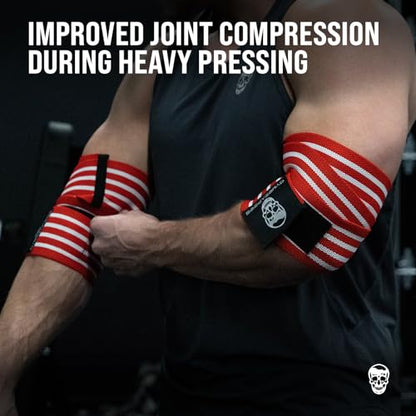 Gymreapers Weightlifting Elbow Wraps (1 Pair) - Flexible 40'' Elbow Compression Strap & Joint Support Brace - for Bench Press, Powerlifting, and Pressing - color: Red/White