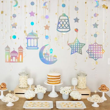 Iridescent Ramadan Decorations for Home, 6 Pcs Star Moon Mosques Garland Islamic Hanging Streamers Backdrop Holographic Eid Mubarak Banner for Birthday Wedding Night Party Supplies