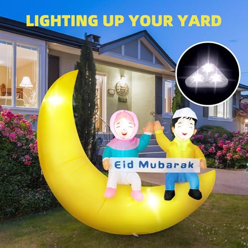 Dawdix 5FT Ramadan & Eid Mubarak Inflatable Decorations with LED Lights, Outdoor Ramadan Yard Decor with Crescent Moon & Replaceable Banners