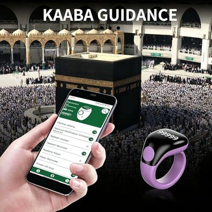 Smart Tasbih Zikr Ring,Adjustable Counter, 3 Sizes (18,20,22mm) Muslim Digital Azan Alarm Clock,APP Support Digital Counter Prayer Reminder Rings, Waterproof 5 Digit Finger Counter zikr Ring(Purple) - color: Purple