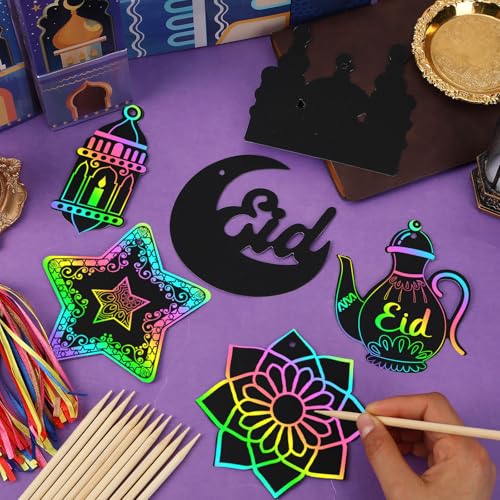 FEBSNOW 48Pcs Ramadan Crafts for Kids Magic Rainbow Scratch Paper Art Set | School Classroom Ramadan Activities, Kids DIY Eid Craft Projects, Magic Hanging Scratch Ornaments, Holiday Party Favors - style: Ramadan