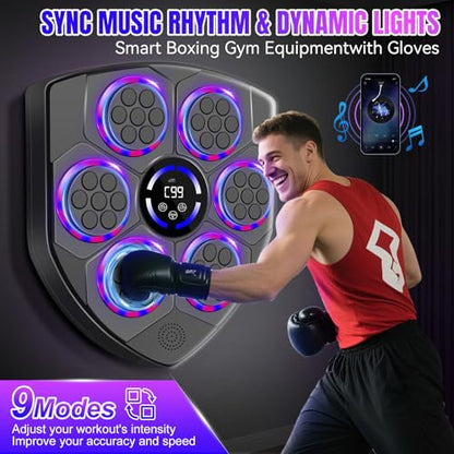 Music Boxing Machine Smart with Rhythm LED – Wall Mounted for Adults & Kids – Incl. Adult Gloves, Headband & 3 Reflex Balls – 9 Modes, Bluetooth Music Sync, Home/Office/Gym Sturdy Fitness Set