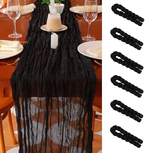 Snowkingdom 6PCS 10 Ft Black Cheesecloth Table Runner, 120 inch Long Cheese Cloth Boho Gauze Runners for Wedding Bridal Baby Shower Birthday Holiday Party Halloween Table Decorations - color: Black, size: 10FT/6Pcs