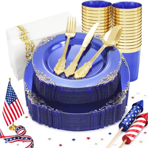 Nervure 175PCS Clear Blue Plastic Plates - Plastic Dinnerware Set Include 25Dinner Plates, 25Dessert Plates, 25Cups, 25Forks, 25Knives, 25Spoons, 25Napkins Perfect for Wedding & Party - color: Transparent Blue, style: 175Pcs(25Guests)