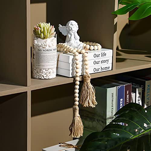 Jetec Decorative Books for Home Decor White Faux Farmhouse Stacked 3 Pieces Gift for Mother Teachers Friends Family for Coffee Tables Shelves with Wood Bead Tassels 58 Inch - style: Our Life, Our Story, Our Home