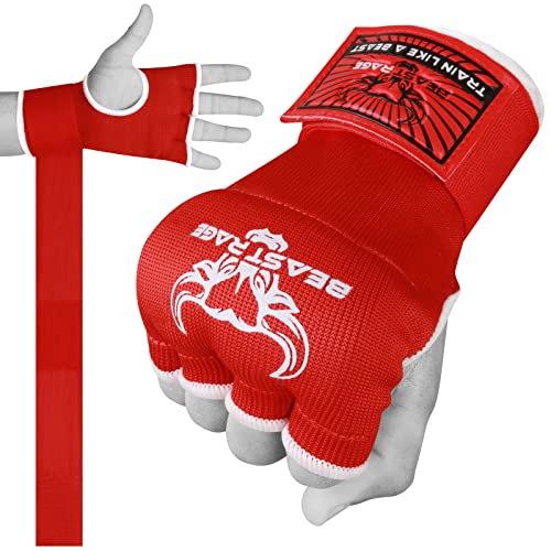 BEAST RAGE Inner Gloves with Hand Wraps Quick Wrap Long 36" Wrist Support MMA Muay Thai Bandages Punching Martial Arts Training Men Women Kickboxing Bandages Under Bag Gloves - color: Red Rage, size: XL (Adult)