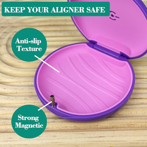 2 Pack Retainer Case with Vent Hole, Compatible with Invisalign | Portable Slim Travel Aligner Case,Secure Magnetic Closure-Food Grade Silicone Pad(Pink Purple) - color: Pink Purple