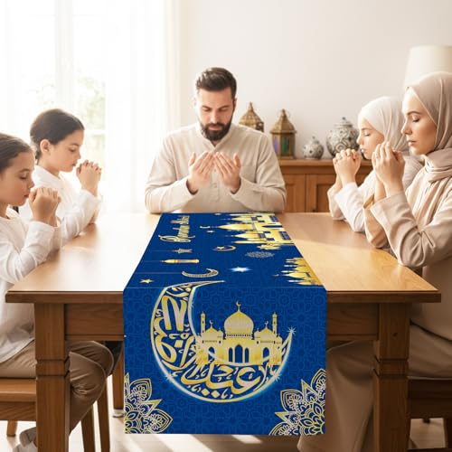 Ramadan Table Runner Blue Gold Moon and Star Ramadan Decorations for Home Eid Mubarak Festival Ramadan Runner Islamic Mosque Lantern Print Door Garland Placemat Holiday Dining Party Table 13 X 72 Inch
