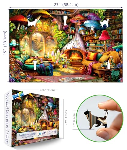 Fantasy Mushroom House Jigsaw Puzzle, 500 Pieces, Cozy Interior Scene with Fireplace - color: Mushroom House-colorful