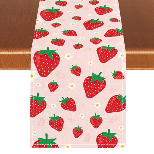 Pink Strawberry Table Runner, Spring Summer Cute Sweet Strawberry Fruits Floral Farmhouse Coffee Table Center Decor for Home Kitchen Dining Patio Holiday Party Table Decorations 13x36 inches - color: Tr-stb01, size: 13x36" Table Runner