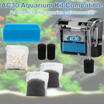 Aquarium Media Maintenance Kit Replacement for Fluval AC30 Power Filter | Includes 1 Blue Foam Filters, 2 Intake Strainer Sponge,1Pack Ceramic Rings and 2 Pack Activated Carbon