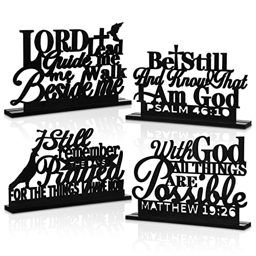 Geetery 4 Pcs Inspirational Centerpiece Table Decorations Blessed Wooden Signs Religious Table Decor with God Possible Biblical Verse Faith Positive Motivational Decoration for Farmhouse Living Room
