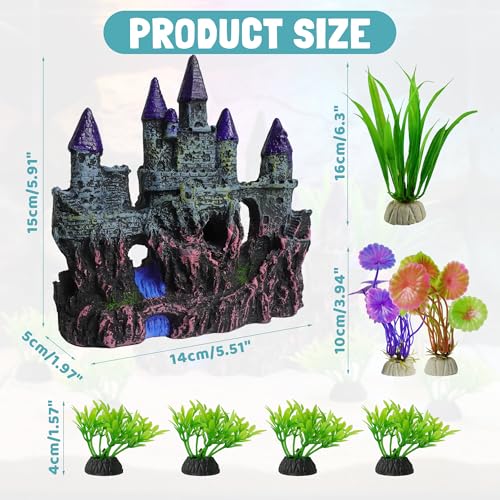 Aquarium Resin Castle Decor with 7 Pcs Artificial Plastic Plants, Fish Tank Decorations Accessories Set Landscaping Ornaments for Betta Guppies Shrimp Hideout Cave