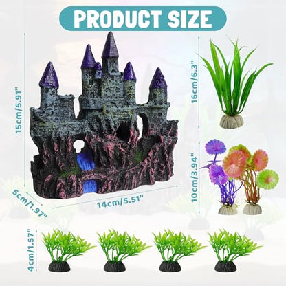 Aquarium Resin Castle Decor with 7 Pcs Artificial Plastic Plants, Fish Tank Decorations Accessories Set Landscaping Ornaments for Betta Guppies Shrimp Hideout Cave