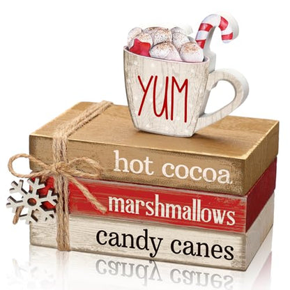 4 Pcs Christmas Table Decorations Winter Snowflake Tiered Tray Decorations Decorative Mini Wooden Books Subject Signs Block Centerpiece for Office Tabletop Shelf Housewarming Gifts - style: Coffee