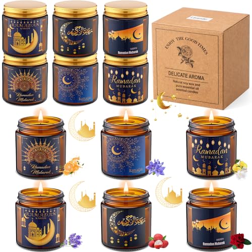 Lyrow 12 Pcs Ramadan Gifts for Women Men Ramadan Mubarak Candles 3.5 oz Scented Soy Wax Candle Islamic Muslim Candles Islamic Party Favors Gifts for Home Muslim Islam Festival Decor (Blue Gold) - color: Blue Gold