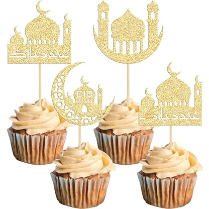 24 Pack Eid Mubarak Cupcake Toppers Glitter Star Ramadan Kareem Cupcake Pick Moon Star Eid Islamic Muslim Theme Party Cake Decoration Supplies Gold - color: Gold