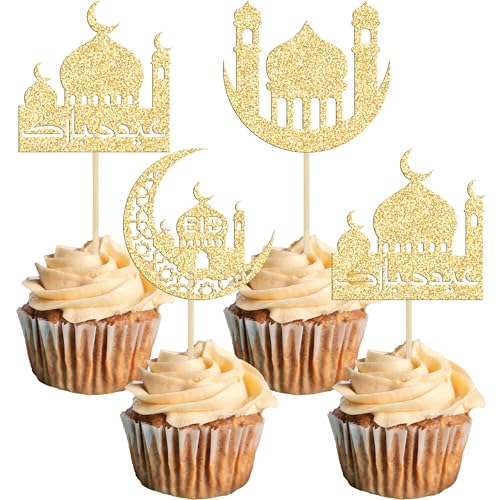 24 Pack Eid Mubarak Cupcake Toppers Glitter Star Ramadan Kareem Cupcake Pick Moon Star Eid Islamic Muslim Theme Party Cake Decoration Supplies Gold - color: Gold
