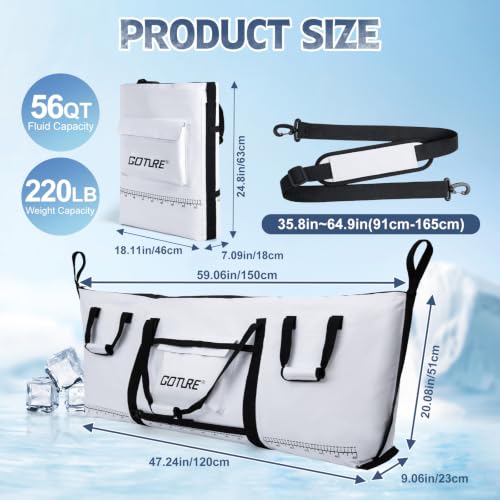 Goture Insulated Fish Cooler Bag, 500D PVC Leakproof Fishing Kill Bag | Waterproof Fish Bags with Carry Handle and Strap, Large Fishing Cooler Bags with Drain Plug, 59.06"x 20.08"x 9.06"