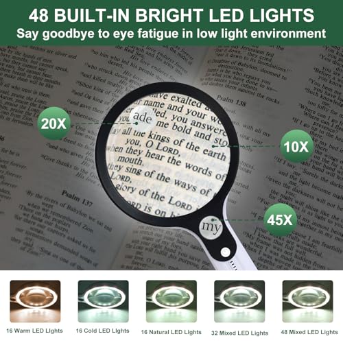 10X 20X 45X Magnifying Glass with 48 LED Light | Handheld Illuminated Lighted Magnifier with 5 Light Modes Rechargeable Magnifying Glass for Seniors Reading Inspection - color: White Handle