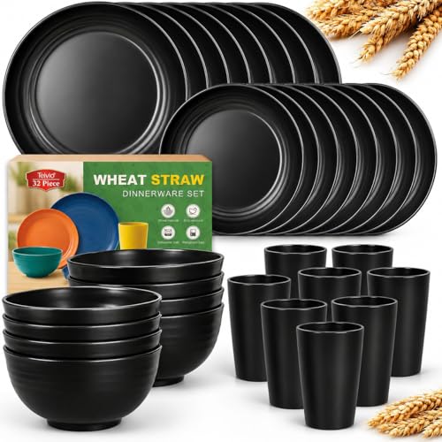 Teivio 32-Piece Plates and Bowls Sets for 8, Black Kitchen Dinnerware Sets - color: Black