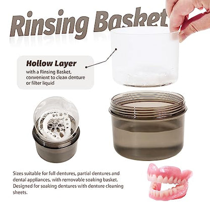 Uouovo Upgraded Large Denture Bath Box Cup No-Leak Denture case Retainer Cleaning Box Complete Clean Care for Dentures Clear Braces Mouth Guard Night Guard & Retainers (transparent grey) - color: transparent grey