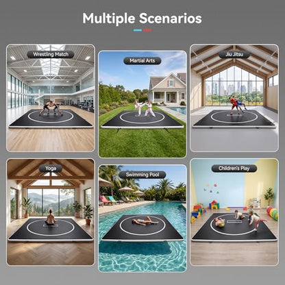 Inflatable Wrestling Mat 10FT / 13FT x 4IN, PVC Portable Wrestling Mats for Home, 4" Thick Jiu Jitsu Mats with Circles for Wrestling, Martial Arts, Jitsu, BJJ, Boxing, MMA, Judo Indoor Outdoor Use - size: 10FT*10FT*4IN