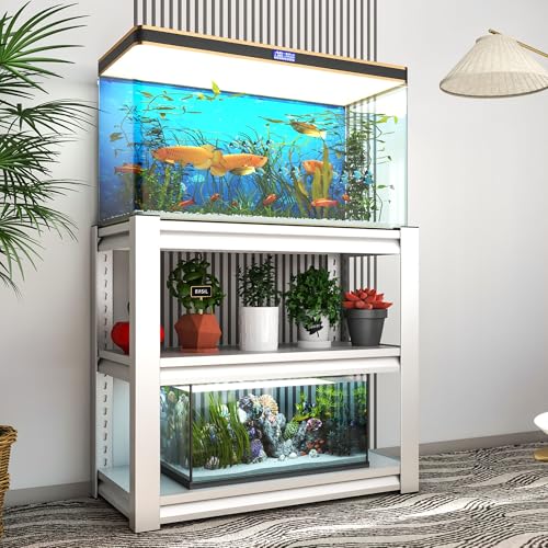 20-30 Gallon Fish Tank Stand - Metal Aquarium Stand, 34 "W x 18 "D x 31"H Adjustable Heavy Duty Reptile Tank Stand, Adjustable 3-Tier Fish Tank Rack Shelf for Home Office, Tank Not Included (White) - color: White
