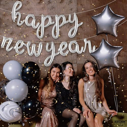 KatchOn, Pack of 15, 3D Gold Star Garland Decorations | Star Hanging Decorations for New Years Decorations 2026 with Silver Happy New Years Balloons | Happy New Year Eve Balloons for NYE Decor