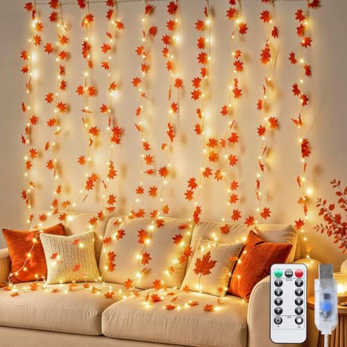 JMEXSUSS Maple Leaf Curtain Lights, 200 LED Fall Garland with Fairy Lights - color: Maple, size: 6.5x6.5ft - 200 LED