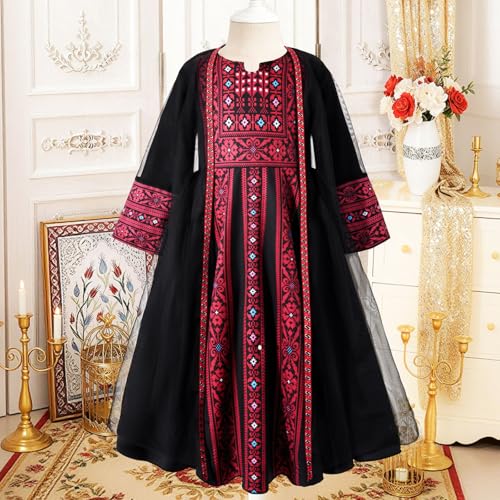 Toddler Baby Girls Muslim Abaya Prayer Dress Ruffle Long Sleeve V-Neck Tulle Dubai Robe 2026 Ramadan Eid Eid Kaftan - color: Z1-black, size: 6-7 Years