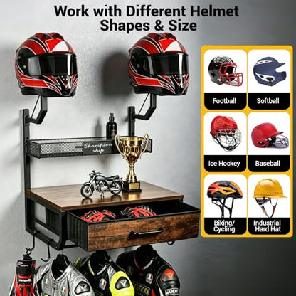 Motorcycle Helmet Holder Wall Mounted with 4 Hanging Hooks, Drawer & Mesh Basket, All-in-On Easy Access Gear Storage Organizer for Helmets Shape Protection, Motorcycle Accessories, Black
