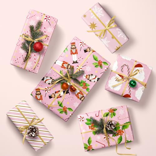 RUSPEPA Pink Christmas Wrapping Paper Sheets, Pink Santa, Nutcracker, Candy Cane, Holly & Snowflakes Design, Holiday Gift Wrap for Girls, Kids, Xmas Gifts, Crafts, 6 Folded Sheets, 19.68 X 27.5 Inch - color: Pink Xmas Design