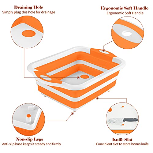 Rottogoon Collapsible Cutting Board, Foldable Chopping Board with Colander, Multifunctional Kitchen Vegetable Washing Basket Silicone Dish Tub for BBQ Prep/Picnic/Camping(Orange) - color: Orange