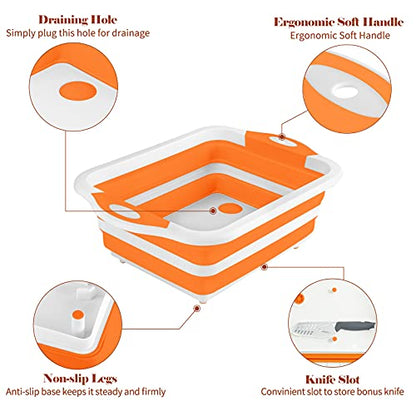 Rottogoon Collapsible Cutting Board, Foldable Chopping Board with Colander, Multifunctional Kitchen Vegetable Washing Basket Silicone Dish Tub for BBQ Prep/Picnic/Camping(Orange) - color: Orange