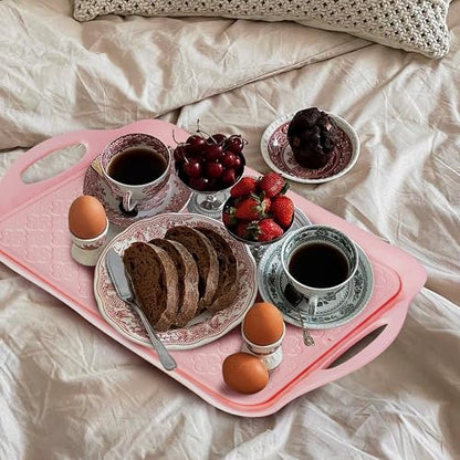 LEHAHA Large Non Slip Serving Tray with Handles, 17.25 x 12 Inch Melamine Serving Platter with Curved Sides, Dinner Tray for Lunch, Coffee, or Breakfast, 4pcs Set, Silicone placemats Included,Pink - color: Pink